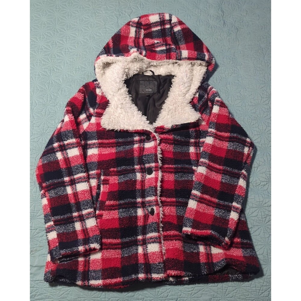Steve Madden Women's Red Black Plaid Fleece Hooded Coat Lg Button-Up Lumber Jill